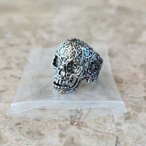 Intricate Silver Skull Ring, Adjustable